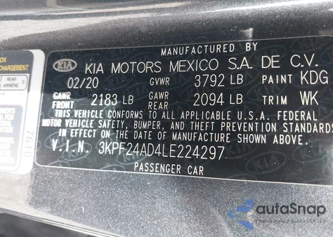 2020 Kia Forte Lxs z USA, uszkodzony, nr VIN 3KPF24AD4LE224297